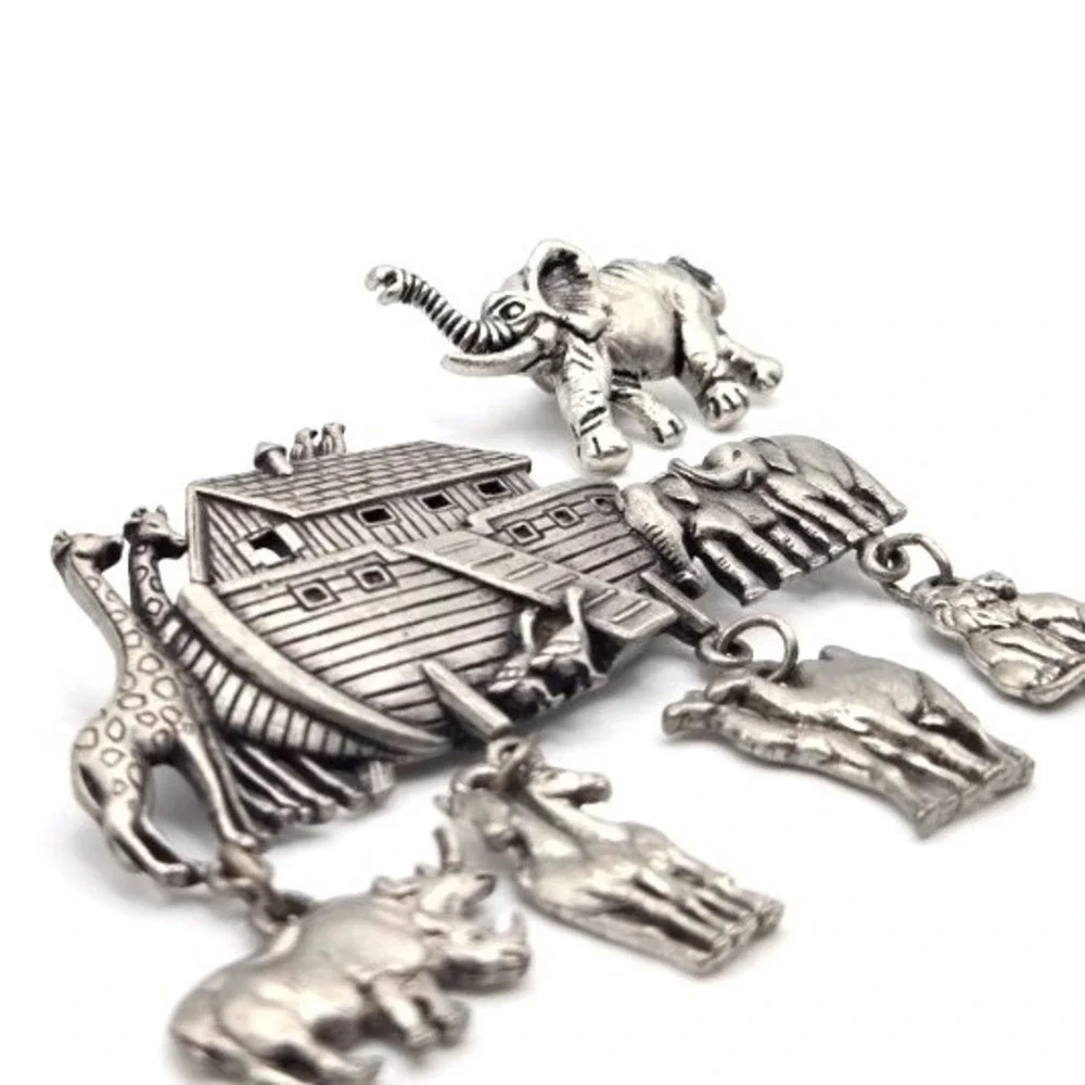 JJ Jonette Jewelry Silvertone‎ Noah's Ark Brooch and J. Crew Elephant Pin